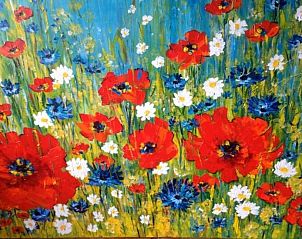 Bloemenkunst in Texel Villa Duinzicht, vakantiehuis in De Koog, Texel, kleurrijke kunstwerken.