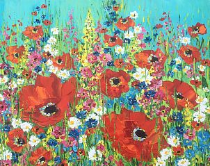 Kleurrijke bloemenweide schilderij in Texel Villa Duinzicht, vakantiehuis in De Koog, Texel.