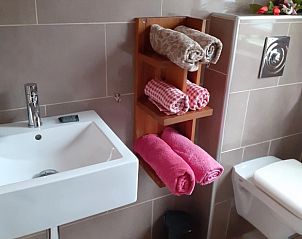 Stijlvolle badkamer in Het Achterhuys Den Burg Texel met moderne wastafel en handdoeken.