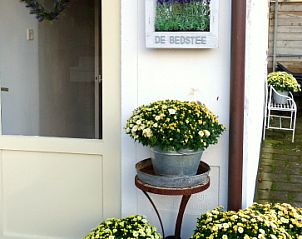 Ingang van De Bedstee, Texel vakantiehuis, met bloeiende planten en uitnodigende sfeer.