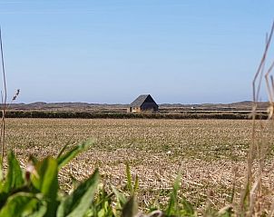 Aussicht auf die weiten Felder rund um das Ferienhaus in Den Hoorn, Texel, mit einer abgelegenen Scheune.
