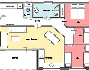 Plattegrond van Vakantiehuis de Toes 1 in Oosterend, Texel, met ruime indeling.