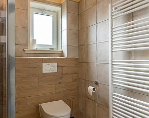 Ruime badkamer in Gouden Rijder vakantiehuis, Oosterend, Texel, met toilet en handdoekradiator.
