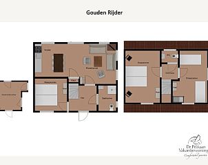Plattegrond van Gouden Rijder vakantiehuis, Oosterend, Texel, met overzicht van alle kamers en indeling.