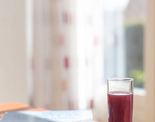 Ontspannen sfeer in Type III - nr. 21B Fazant, vakantiehuis Oosterend Texel, met een glas sap en uitzicht op de tuin.