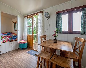 Gezellige binnenruimte van Pipowagen De Vrije Vogel in Oudeschild, Texel met houten interieur en uitzicht op de natuur vanaf de veranda.