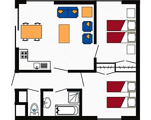 Plattegrond van Type 1 vakantiehuis, De Dennen, Texel, Waddeneilanden.