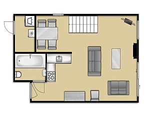 Erdgeschossplan Ferienhaus Gortersmient 282, De Dennen, Texel mit Wohnzimmer- und Kchenanordnung.