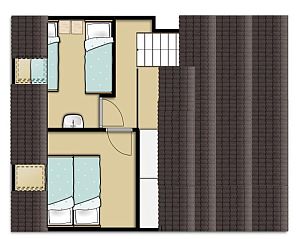 Grundriss Obergeschoss Ferienhaus Gortersmient 282, De Dennen, Texel mit Schlafzimmer und Badezimmer.