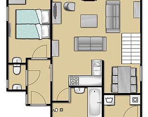 Plattegrond van de begane grond in Vakantiehuis Gortersmient 326, Texel, met ruime woon- en eetgedeeltes.
