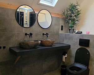 Stijlvolle badkamer in Helianthus vakantiehuis De Dennen Texel met moderne wastafels en toilet.