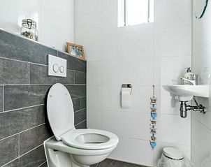 Modernes Badezimmer im Ferienhaus de Parel 190, Texel mit Toilette und Waschbecken.