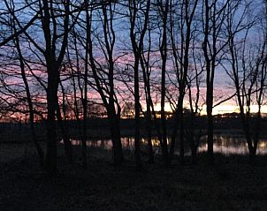 Zonsondergang door bomen bij Amelander Kaap Appartement 112, Hollum, Ameland.