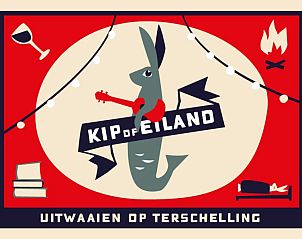 Illustratie van Kip op Eiland festival, Terschelling met muzikale en gezellige elementen.