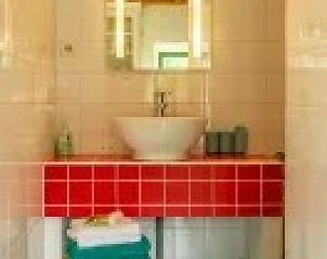 Stijlvolle badkamer in Kip 2, Hoorn, Terschelling met rode tegels en moderne wastafel.