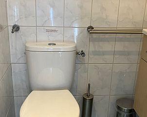 Stijlvolle badkamer in Vakantiehuisje in Oosterend op Terschelling met toilet.