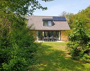Achteraanzicht van Vakantiehuisje in Midsland-noord, Terschelling. Ruim terras en omgeven door weelderige natuur op de Waddeneilanden.