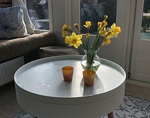 Stijlvolle salontafel in Chalet DOMETO, Midsland Noord, Terschelling, met bloemen en decoratieve elementen voor een frisse uitstraling.
