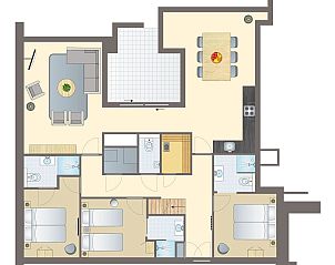 Gezellige woonkamer in 6-persoons penthouse 6LP in West-Terschelling, Waddeneilanden met modern interieur en prachtig uitzicht.