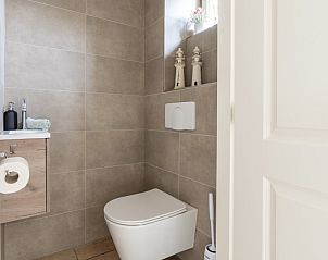 Stijlvolle badkamer in De Dijkwachter **** in Ballum, Ameland met moderne toilet en wastafel.