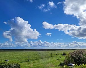 Groene velden en blauwe lucht bij Vakantiehuis in Ballum, Ameland.
