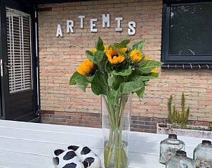 Detail der Terrasse des Ferienhauses Artemis in Ballum, Ameland, mit einer Vase mit Sonnenblumen und dekorativen Elementen.