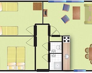 Plattegrond van BORNRIF COTTAGE 4 in Hollum, Ameland, vakantiehuisindeling met twee slaapkamers en leefruimte.