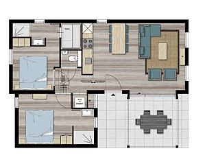 Floor plan of VUURTORENLODGE 4 in Hollum, Ameland shows layout with bedrooms and living space.