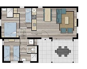 Plattegrond van VUURTORENLODGE 6, vakantieaccommodatie in Hollum, Ameland met overzicht van kamers en indeling.