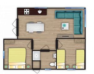 Plattegrond van EILANDLODGE 4, Hollum, Ameland. Praktisch ingedeeld vakantiehuis op de Waddeneilanden.