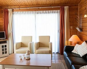 Gezellige woonkamer van FINSE BUNGALOW 6 in Hollum, Ameland, met comfortabele stoelen en natuurlijk licht.
