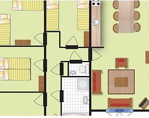 Plattegrond van FINSE BUNGALOW 6 in Hollum, Ameland. Praktische indeling met slaapkamers, woonkamer en keuken op de Waddeneilanden.
