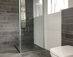 Luxe badkamer in 't Roefke, vakantiehuis in Hollum, Ameland met moderne douche en tegelwerk.