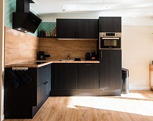 Volledig uitgeruste keuken in Daalders plakje appartement in Hollum, Ameland met moderne apparatuur en houten afwerking.