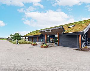 Receptie van vakantiepark in Hollum, Ameland, met groen dak en moderne architectuur.