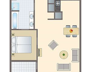 Karte von Ameland Staat 2-Bett-Wohnung in Nes, Ameland, Watteninseln, mit moderner Einrichtung.