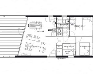 Indeling van Vakantiehuisje in Gaastmeer met slaapkamers en woonruimte.