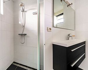 Douche en wastafel in de badkamer van Vakantiehuisje in Gaastmeer.