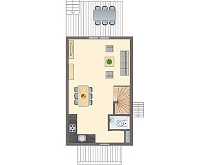 Plattegrond van de begane grond van Waterpark Sneekermeer 6-persoons woning 6C1, Terherne.