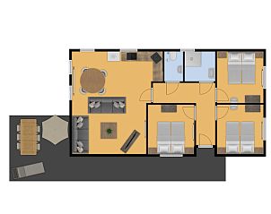 Plattegrond van Chalet het Sktsje in Offingawier toont praktische indeling met terras en leefruimte bij Sneekermeer.