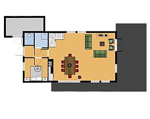 Plattegrond van 8p. Luxe waterwoning de Zomertaling in Offingawier, Sneekermeer. Ruime woonkamer en eetgedeelte in vakantiehuis aan Friese meren.