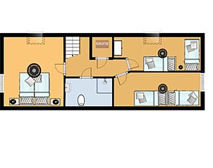 Plattegrond van 8p. Luxe waterwoning de Zomertaling, een vakantiehuis in Offingawier, Sneekermeer, Friese meren, met ruime slaapkamers.