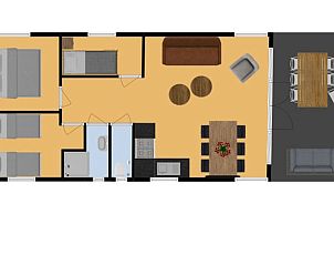 Plattegrond van Chalet de Tjotter, Offingawier, Sneekermeer, toont indeling van kamers en woonruimtes.