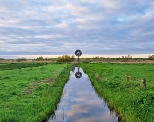 Uitzicht op de groene velden bij Vakantiehuis Natuurlijk de Veenhoop, De Veenhoop, met reflecties in het water en serene omgeving.
