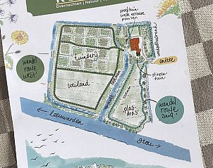 Plattegrond van Vakantiehuis in Grou, Grouw, met wandelroutes en tuinen, nabij Pikmeer.
