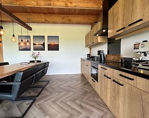 Stijlvolle keuken in Huisje in Gongahuizen, vakantiehuis in Pikmeer, Friese meren, met moderne apparatuur en houten afwerking.