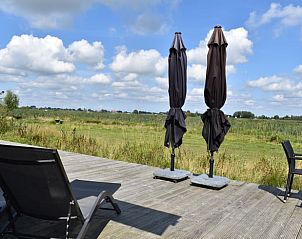 Uitzicht vanaf terras van Huisje in Gongahuizen, vakantiehuis in Pikmeer, Friese meren, met ligstoelen en parasols.