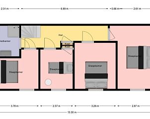 Plattegrond bovenverdieping van Huisje in Gongahuizen, vakantiehuis in Pikmeer, Friese meren, met slaapkamers en badkamer.