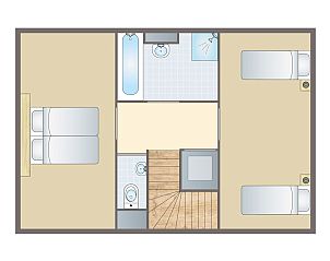 Bovenverdieping van Esonstad 4-persoons woning 4L1 in Anjum, slaapkamers en badkamer in de Friese meren omgeving.
