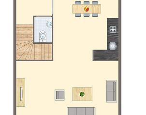 Plattegrond van de begane grond van Esonstad 6-persoons maisonnette, Anjum, met open keuken en woonkamer.